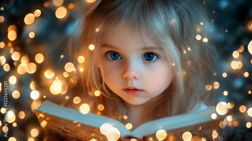 Child With Sparkling Lights Reading a Book in a Cozy Setting During Evening Hours Child With Sparkling Lights Reading a Book in a Cozy Setting During Evening Hours