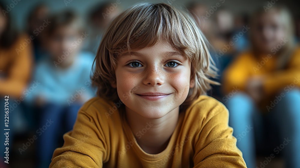 Young Boy With a Cheerful Smile During a Group Activity in a Bright Classroom Setting With Peers in the Background Young Boy With a Cheerful Smile During a Group Activity in a Bright Classroom Setting With Peers in the Background