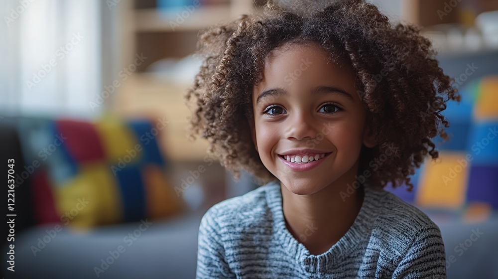 Young Child With Curly Hair Smiles Warmly While Sitting on a Couch in a Colorful Living Room Filled With Natural Light Young Child With Curly Hair Smiles Warmly While Sitting on a Couch in a Colorful Living Room Filled With Natural Light