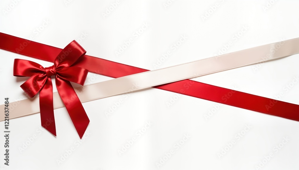 Red, beige satin ribbons crossed, tied in bow on white background. Festive gift wrapping concept. Decorative ribbons symbolize celebration, presents. Versatile image for various holiday special event Red, beige satin ribbons crossed, tied in bow on white background. Festive gift wrapping concept. Decorative ribbons symbolize celebration, presents. Versatile image for various holiday special event