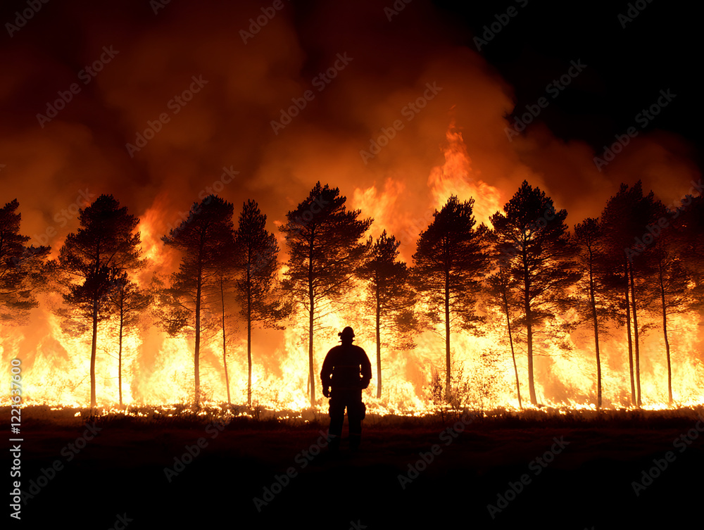 Fototapeta premium Firefighter Stands in Front of Intense Wildfire Engulfing a Forest During the Night
