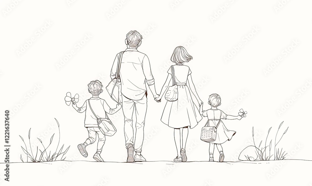 Single line drawing of a family walking hand in hand, with children playing outdoors, wearing headphones and glasses, on a white background Single line drawing of a family walking hand in hand, with children playing outdoors, wearing headphones and glasses, on a white background