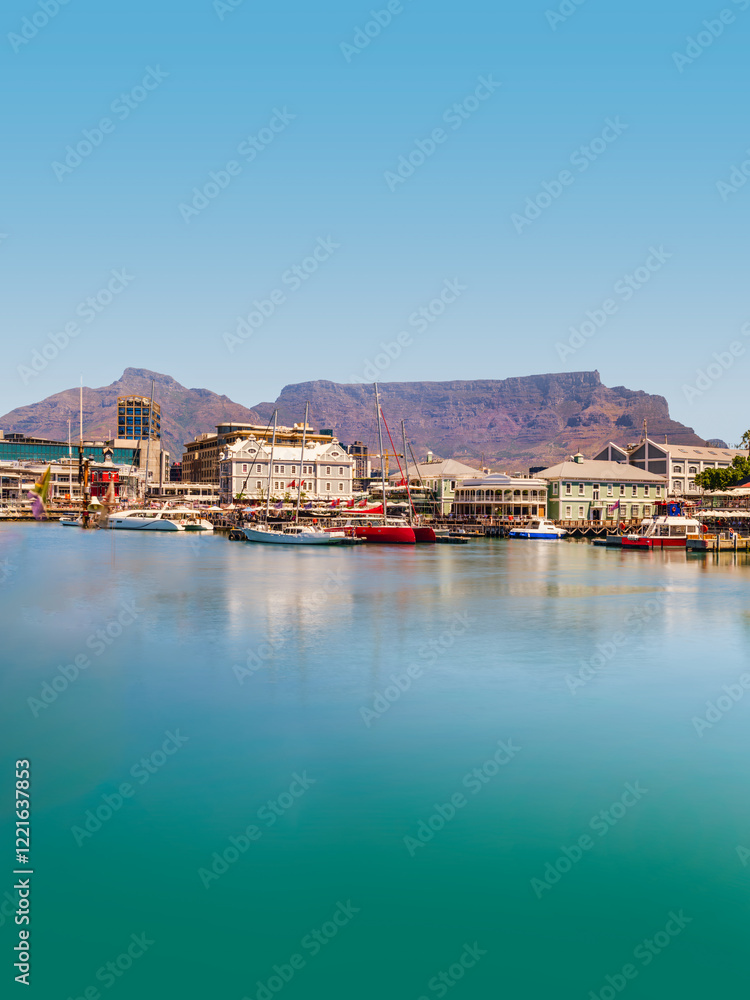 Victoria and Alfred Waterfront with Table Mountain in the background and a clear blue sky, South Africa