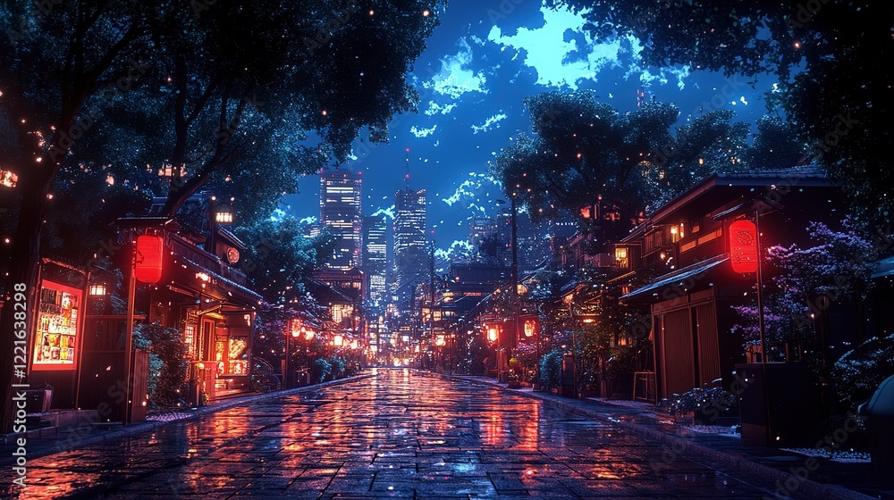 Obraz premium Enchanting night scene of a vibrant city street urban japan digital art lively atmosphere low angle view serene beauty