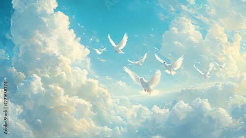 White Doves Soaring Through Fluffy Clouds in a Serene Sky