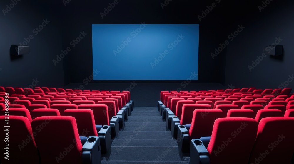 Empty Movie Theater with Red Seats and Blue Screen Awaiting Film Screening in Modern Interior Design Empty Movie Theater with Red Seats and Blue Screen Awaiting Film Screening in Modern Interior Design