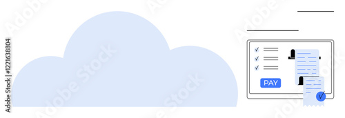 Large cloud icon with a digital screen displaying a payment interface and invoice details. Ideal for cloud storage, online payments, finance management, digital billing, tech innovation, secure