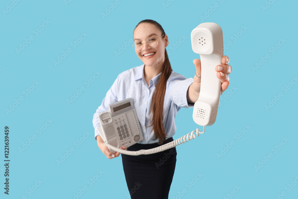 Beautiful secretary with telephone on blue background Beautiful secretary with telephone on blue background