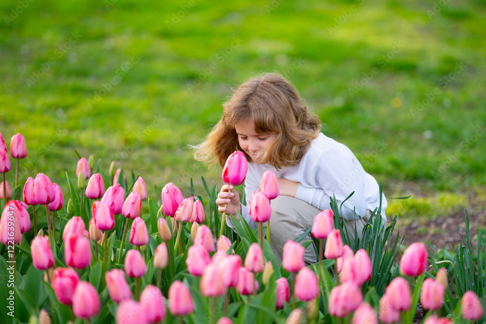 Kid hold tulip flower. Child in spring tulips garden. Kid boy play in Blooming tulips field on spring day. Happy child during spring blossom. Child smelling tulip in spring park. Kid hold tulip flower. Child in spring tulips garden. Kid boy play in Blooming tulips field on spring day. Happy child during spring blossom. Child smelling tulip in spring park.