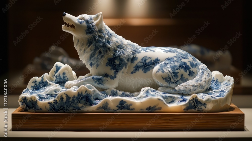 Obraz premium Blue and White Porcelain Wolf Sculpture