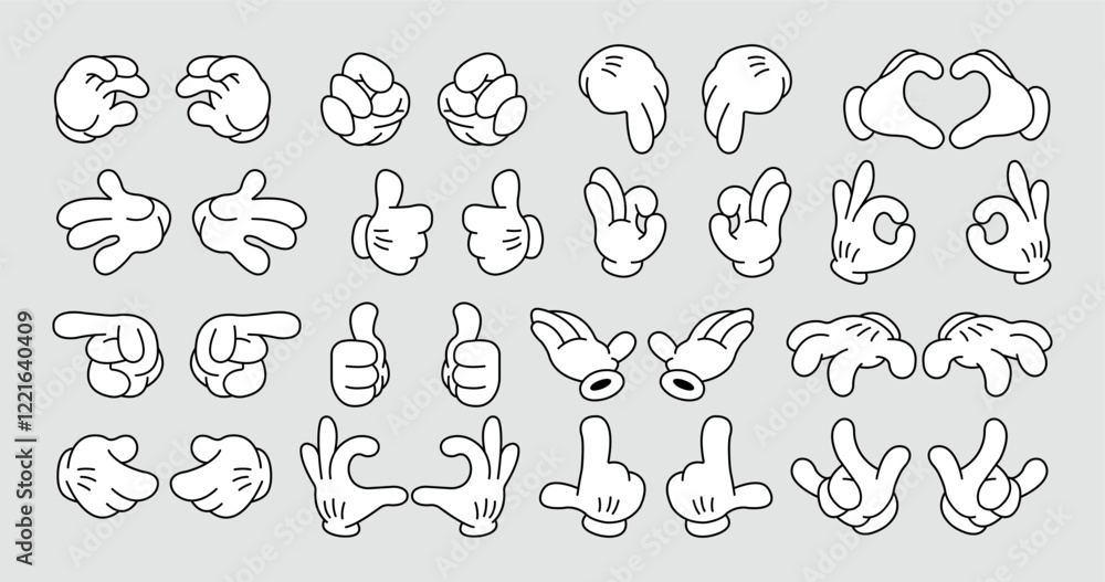 Set of 70s groovy comic hand vector. Collection of cartoon character hands, in different poses, okay, pointing, victory sign, high five. Cute retro groovy hippie illustration for decorative, sticker Set of 70s groovy comic hand vector. Collection of cartoon character hands, in different poses, okay, pointing, victory sign, high five. Cute retro groovy hippie illustration for decorative, sticker