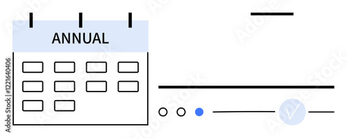 Annual calendar with monthly grids, three progress indicators, and a checkmark icon. Ideal for planners, time management, project scheduling, event organizing, deadline tracking, goal setting