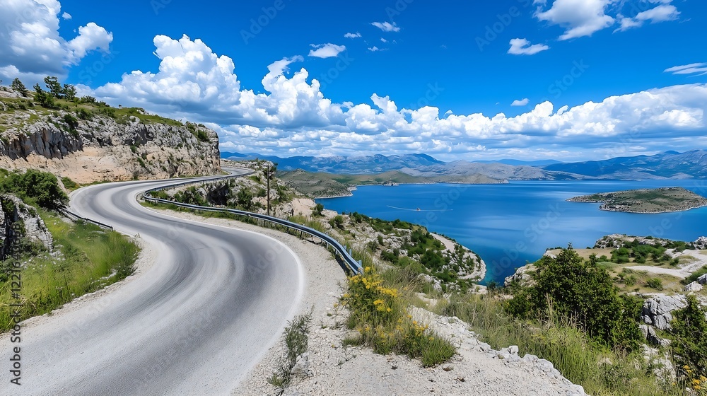 Scenic drive along coastal road stunning lake view vibrant landscape sunny day panoramic perspective Scenic drive along coastal road stunning lake view vibrant landscape sunny day panoramic perspective