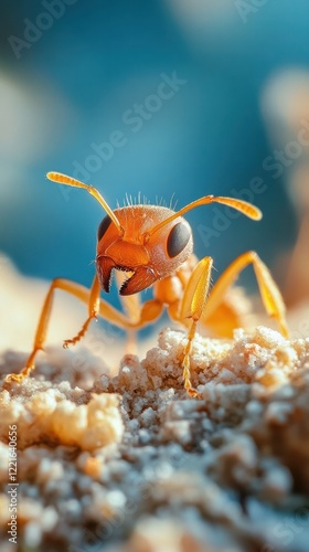 Extreme close up macro shot of a small ant insect crawling on a gritty sandy desert like textured surface photo