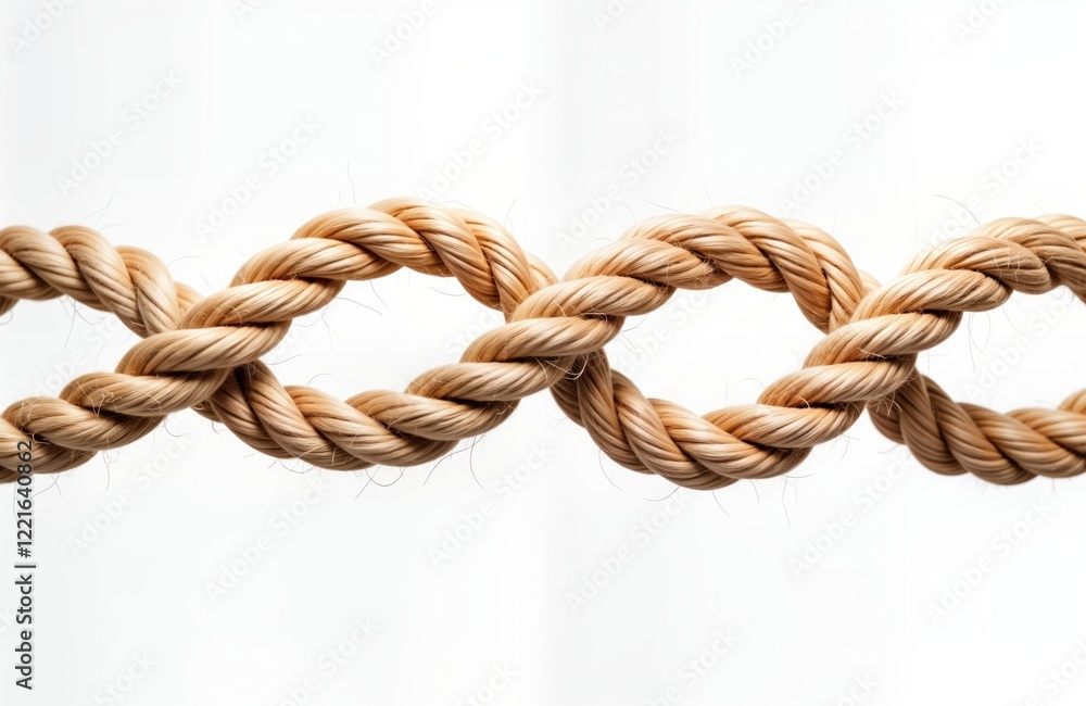 Beige rope twirls in isolated infinity knot against white background. Natural, rustic style nautical design. Endless loop cord suitable for decoration design elements. Traditional rope texture. Beige rope twirls in isolated infinity knot against white background. Natural, rustic style nautical design. Endless loop cord suitable for decoration design elements. Traditional rope texture.