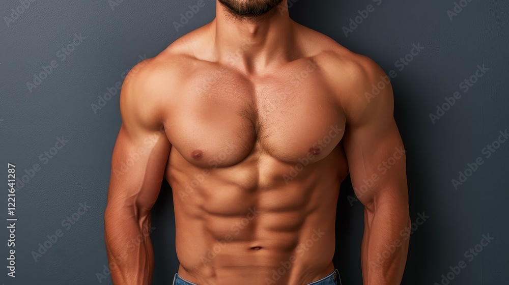 Captivating image of a toned man showcasing defined abs while posing confidently in stylish jeans against a dark backdrop. Captivating image of a toned man showcasing defined abs while posing confidently in stylish jeans against a dark backdrop.