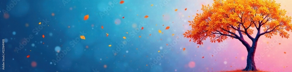 Blue and pink gradient with scattered yellow leaves on a tree, , blue Blue and pink gradient with scattered yellow leaves on a tree, , blue