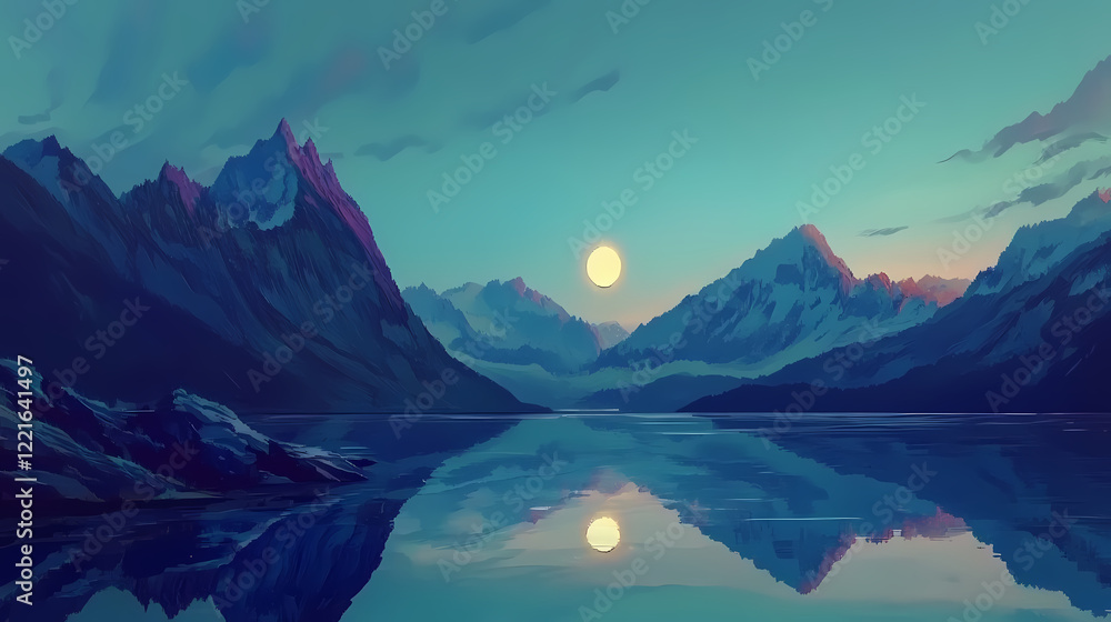 Moonlit fjord mountains reflecting in calm water. Mystic Fjord. Illustration Moonlit fjord mountains reflecting in calm water. Mystic Fjord. Illustration