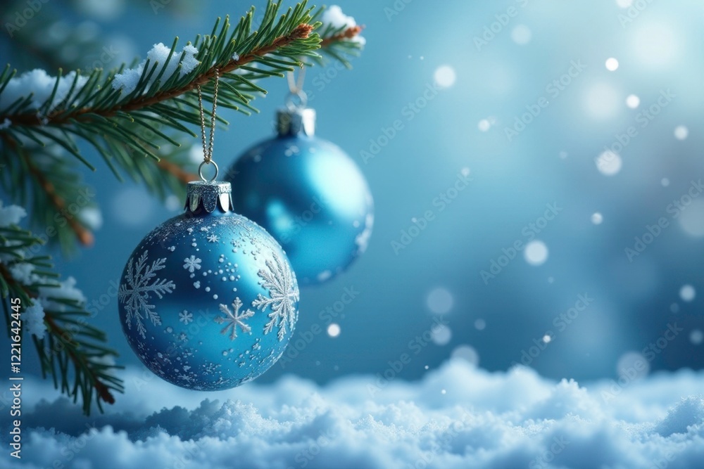 Icy blue and clear ornaments dangling from a fir branch, fir branch, ornaments, winter wonderland Icy blue and clear ornaments dangling from a fir branch, fir branch, ornaments, winter wonderland