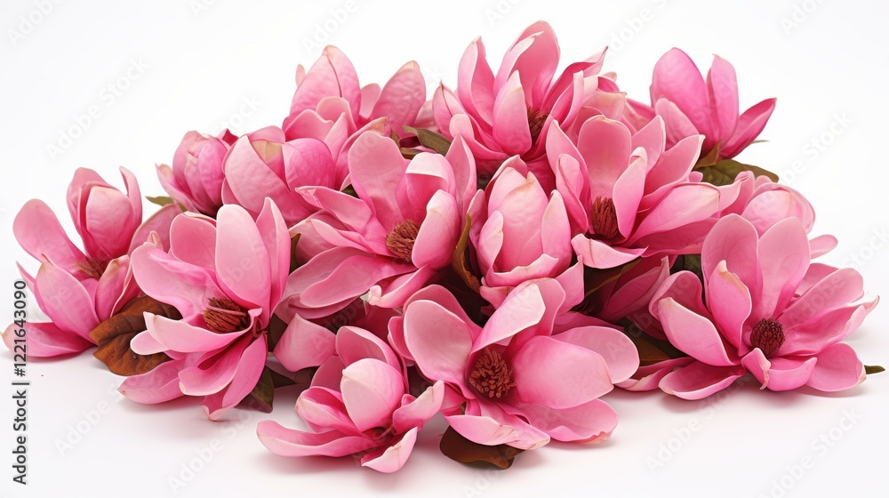 Delicate pink magnolia blooms stand out majestically against a crisp white background, showcasing their beauty. Delicate pink magnolia blooms stand out majestically against a crisp white background, showcasing their beauty.