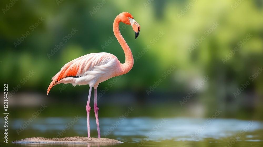 Naklejka premium A vibrant red flamingo stands gracefully in nature, with a soft focus backdrop enhancing its stunning beauty.