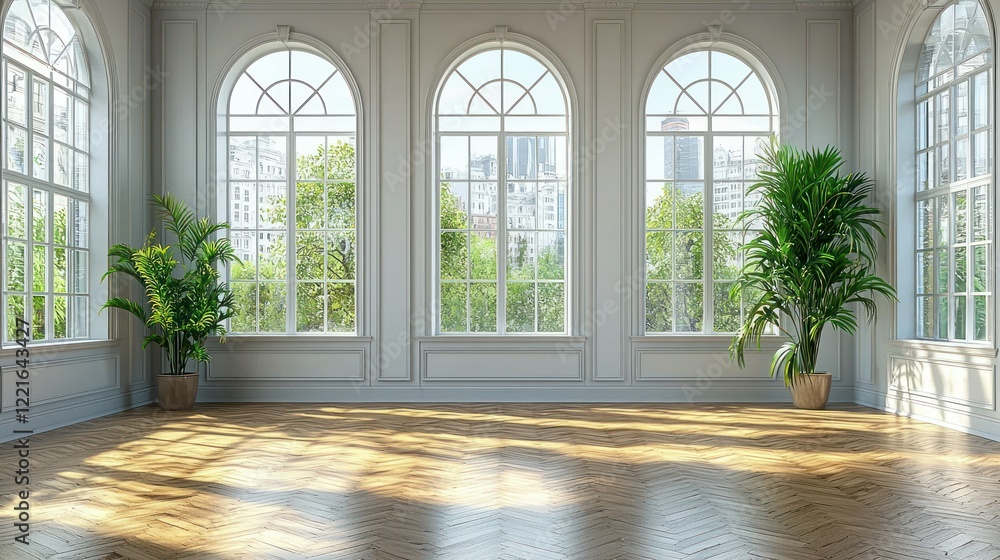 Fototapeta premium Bright Sunlit Room with Large Windows and Plants