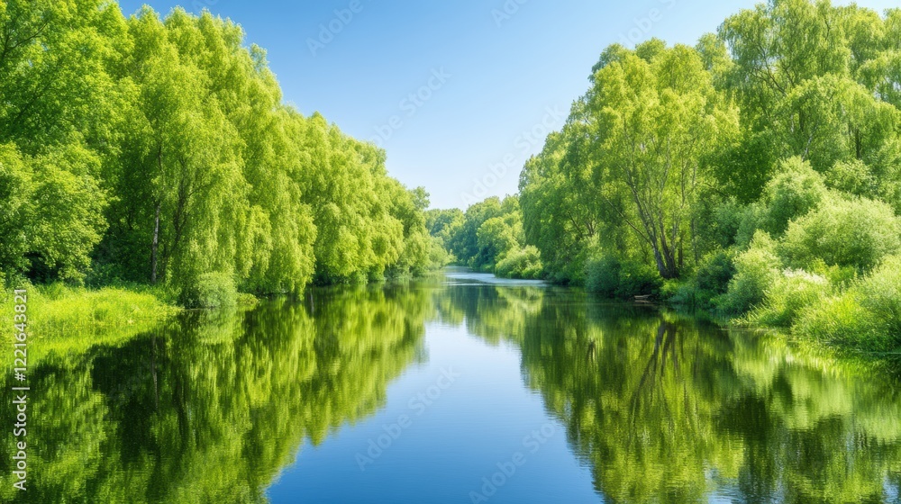 Serene river landscape with lush green trees and clear blue sky Serene river landscape with lush green trees and clear blue sky