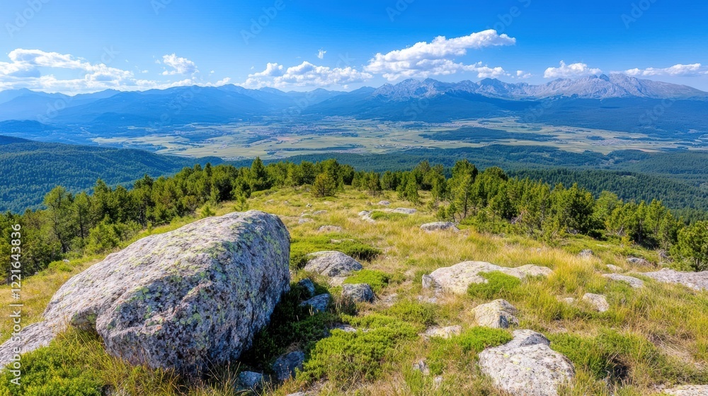 Scenic mountain view with lush greenery and distant peaks under clear blue sky Scenic mountain view with lush greenery and distant peaks under clear blue sky