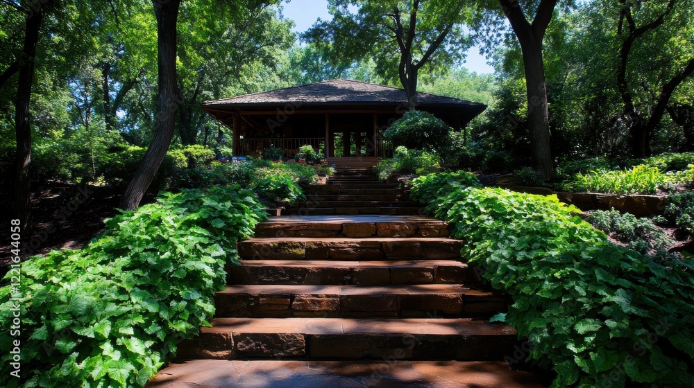 Fototapeta premium Rustic cottage in lush green forest with stone staircase pathway and vibrant foliage