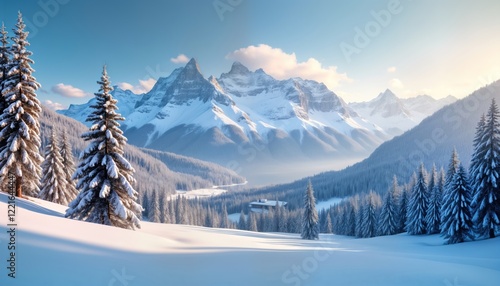 Snowy Polish Tatra mountains in winter show tranquil landscape. Snow-covered trees line valley leading to snow-capped mountain range. Small building sits within valley. Scenic, peaceful winter scene