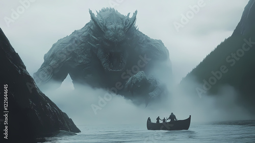 Colossal norse mythology monster emerging from misty fjord intricate details blend fantasy and folklore in epic atmospheric scene of mythical proportions. Mystic Fjord. Illustration photo