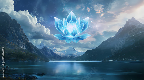 Cosmic flower emblem floats above tranquil fjord landscape. Mystic Fjord. Illustration photo