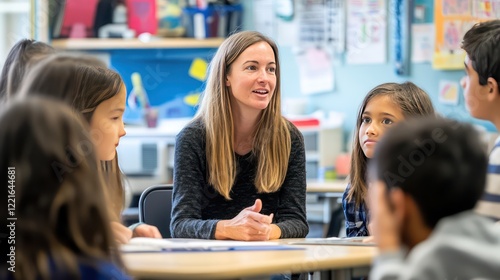 A woman teacher leading a discussion with a diverse group of students in a modern classroom