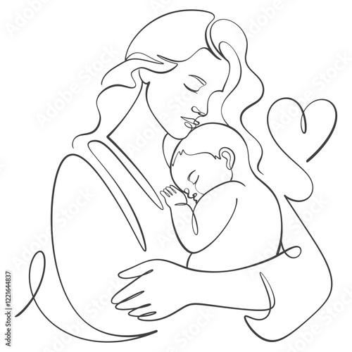 mother and baby line art style vector illustration