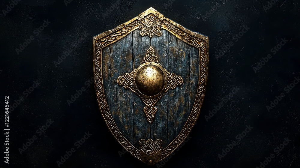 Fototapeta premium Ancient Celtic Wooden Shield with Gold Accents: A Detailed Look at History and Design