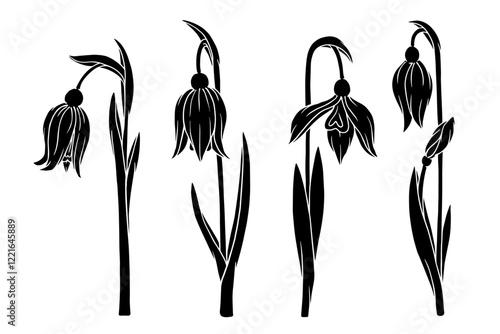 Set of silhouettes, stamps of spring snowdrop flower. Vector graphics.