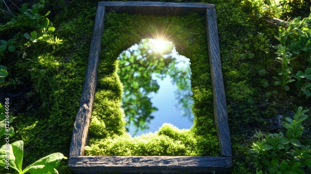 Illuminated forest reflection in wooden mirror with sunlight and lush greenery Illuminated forest reflection in wooden mirror with sunlight and lush greenery