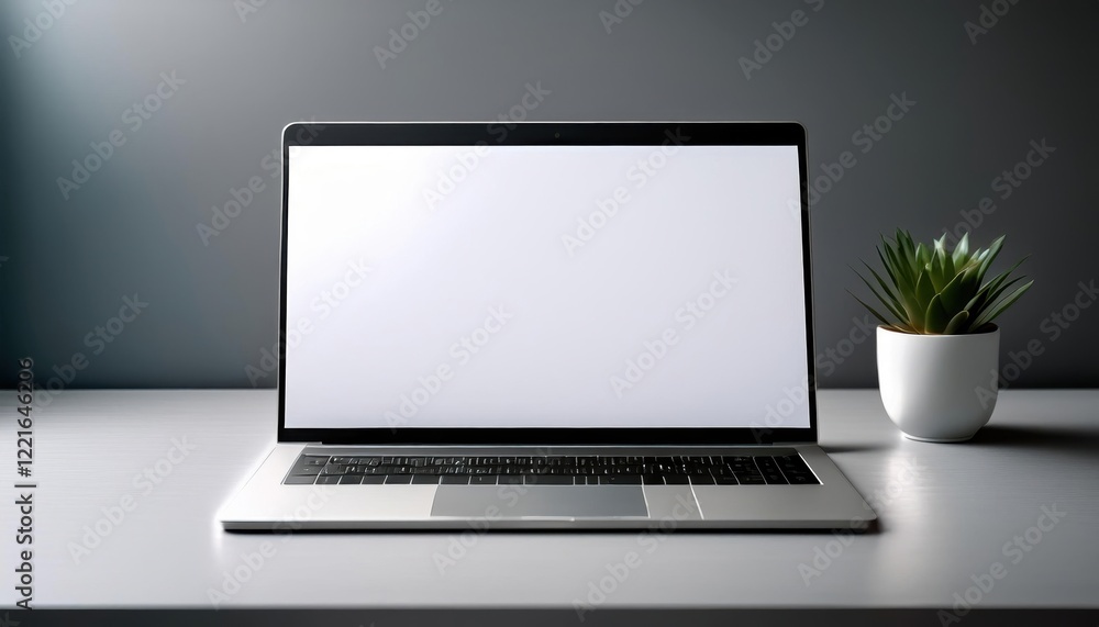 Clean White Presentation Slide on a Sleek Laptop Screen in a Modern Workspace Setting Clean White Presentation Slide on a Sleek Laptop Screen in a Modern Workspace Setting