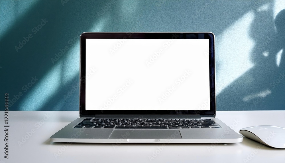 Clean White Desk With a Laptop Displaying a Blank Screen and a Minimalist Aesthetic Clean White Desk With a Laptop Displaying a Blank Screen and a Minimalist Aesthetic