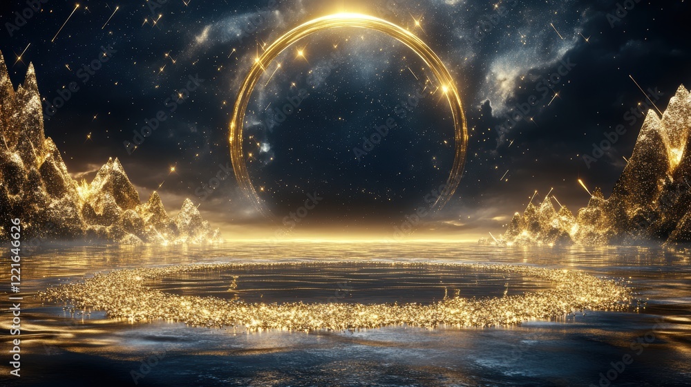 Enchanted golden realm with luminous celestial ring and starry night sky by mystical mountains Enchanted golden realm with luminous celestial ring and starry night sky by mystical mountains