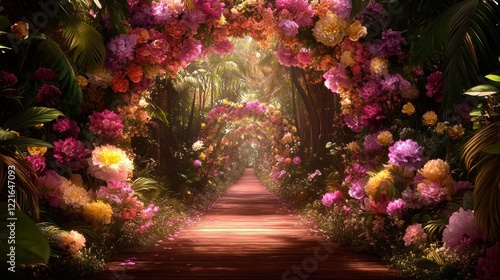 Enchanting floral tunnel pathway through lush garden in sunlit wonderland photo