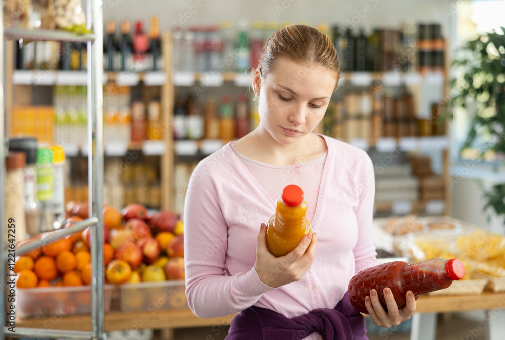 Young girl buyer chooses peach and tomato juices in bottle in grocery store Young girl buyer chooses peach and tomato juices in bottle in grocery store