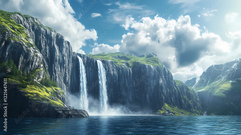 Fototapeta premium Natural scene of waterfall into the ocean generated by ai tool. fjordic. illustration. Ocean Falls. Illustration