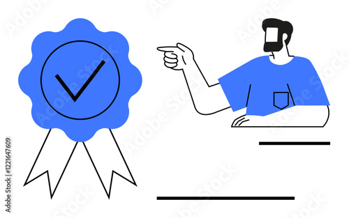 Man pointing at a badge with a check mark, representing approval and achievement. Ideal for themes of quality, certification, recognition, success, standards, validation motivation. Abstract line