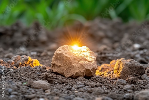 Wallpaper Mural A glowing rock emerges from the soil, illuminated by a warm light, surrounded by earthy textures and vibrant greenery. Torontodigital.ca
