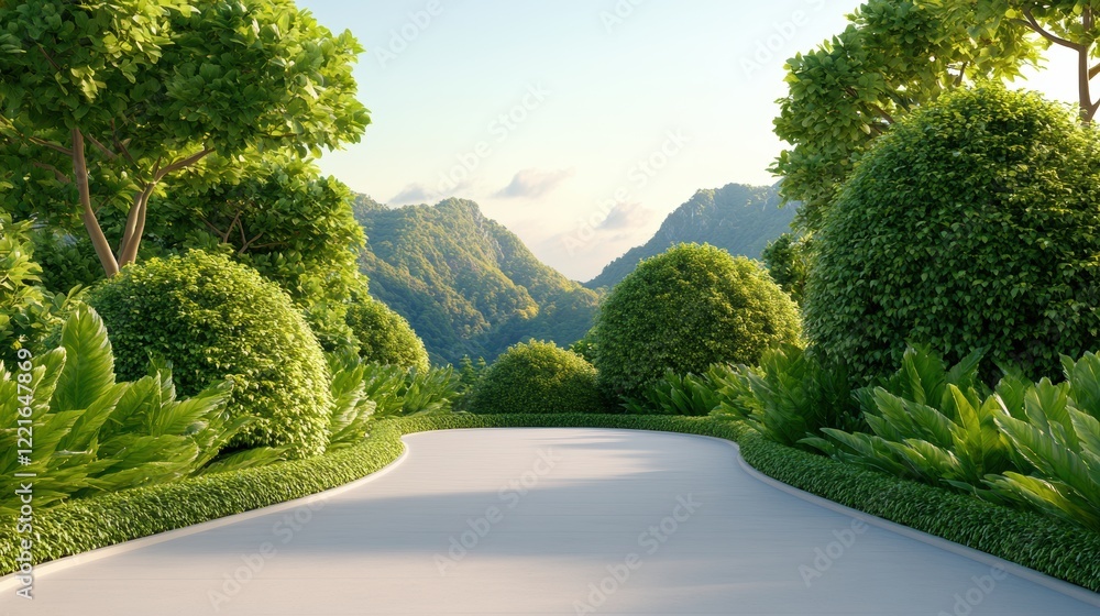 Obraz premium Lush green landscape with curved pathway amidst rolling hills and bright blue sky