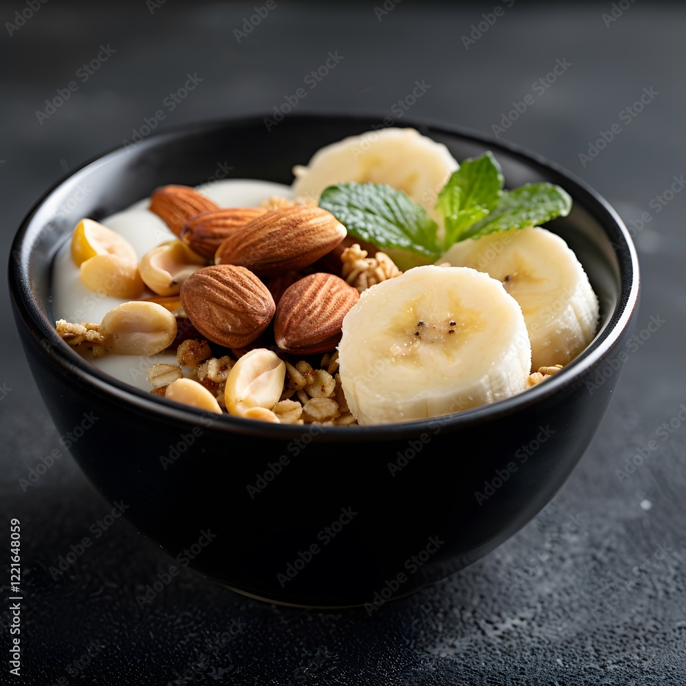 Healthy yogurt parfait with banana, nuts, and granola in a dark bowl on a textured surface Healthy yogurt parfait with banana, nuts, and granola in a dark bowl on a textured surface