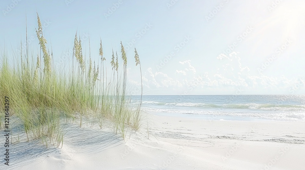 Sea oats swaying, beach dune, ocean view, sunny day, travel brochure Sea oats swaying, beach dune, ocean view, sunny day, travel brochure