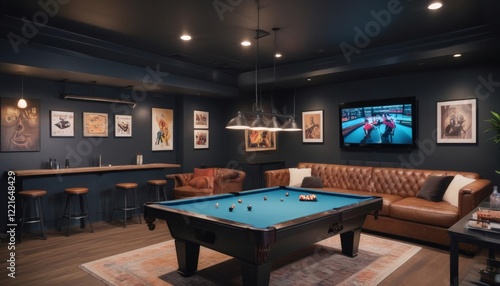 Elegant Game Room Design with Pool Table and Leather Sofa