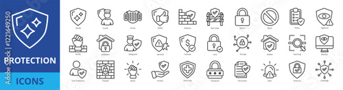 Protection icon pack collection set with shield, guard, armor, safety, defense, barricade, secure, block, policy, vigilance, fortify, lockdown, safeguard, sentinel, custody, lock, encrypt